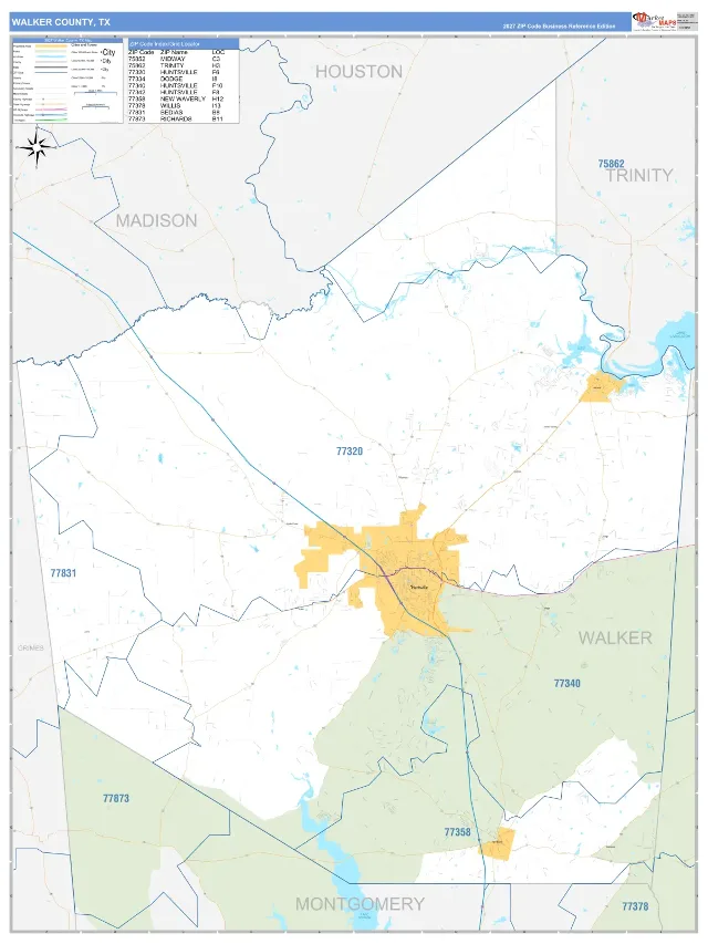 Walker County, TX ZIP Code Wall Map, Business Reference style