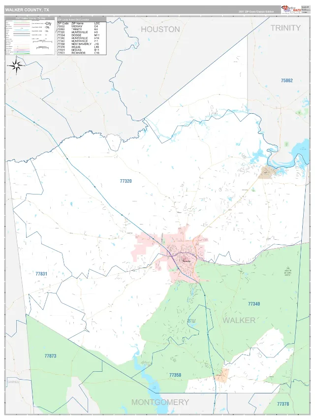 Walker County, TX ZIP Code Wall Map, Classic style