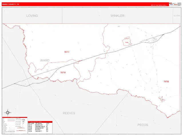 Ward County, TX ZIP Code Wall Map, RedLine style