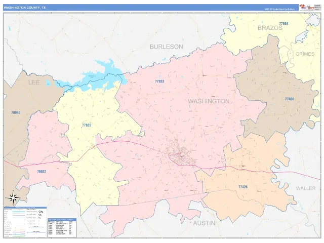 Washington County, TX ZIP Code Wall Map, ColorCast style
