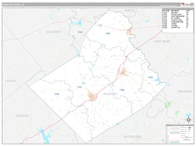 Wharton County, TX ZIP Code Wall Map, Classic style