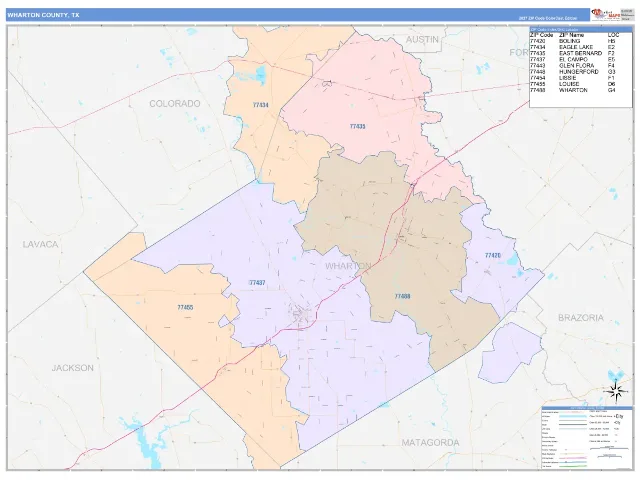 Wharton County, TX ZIP Code Wall Map, ColorCast style