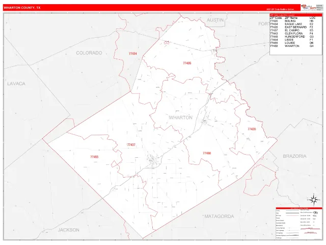 Wharton County, TX ZIP Code Wall Map, RedLine style