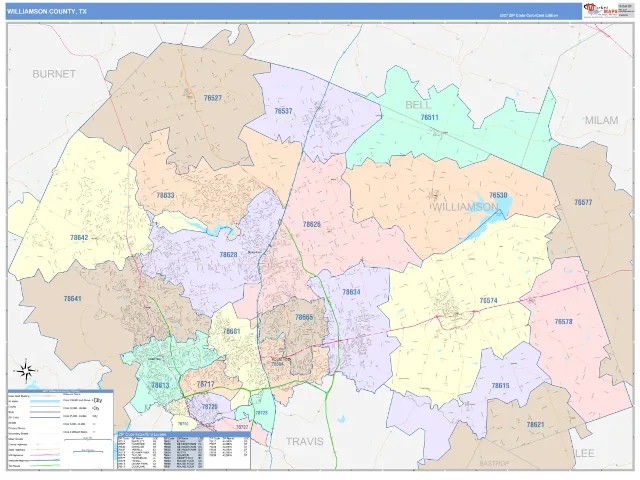 Williamson County, TX ZIP Code Wall Map, ColorCast style