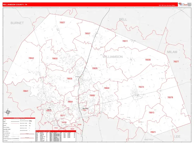 Williamson County, TX ZIP Code Wall Map, RedLine style