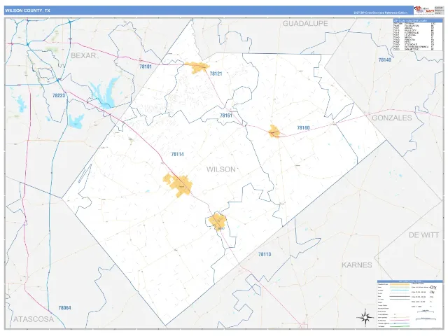 Wilson County, TX ZIP Code Wall Map, Business Reference style