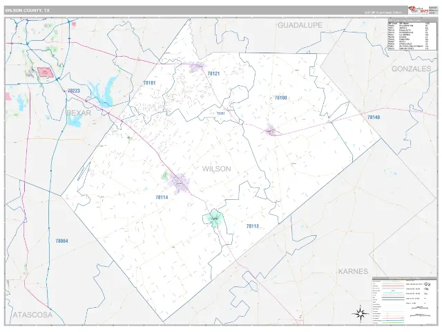 Wilson County, TX ZIP Code Wall Map, Classic style