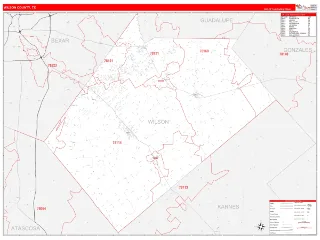 Wilson County, TX RedLine style ZIP Code wall map