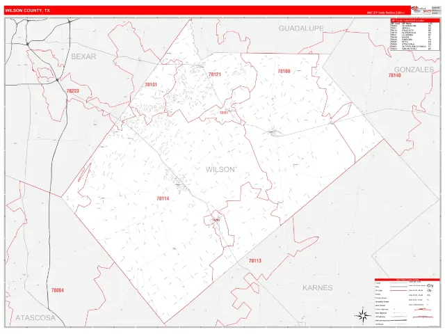 Wilson County, TX ZIP Code Wall Map, RedLine style