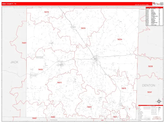 Wise County, TX ZIP Code Wall Map, RedLine style