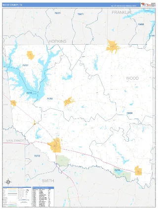Wood County, TX Business Reference style ZIP Code wall map