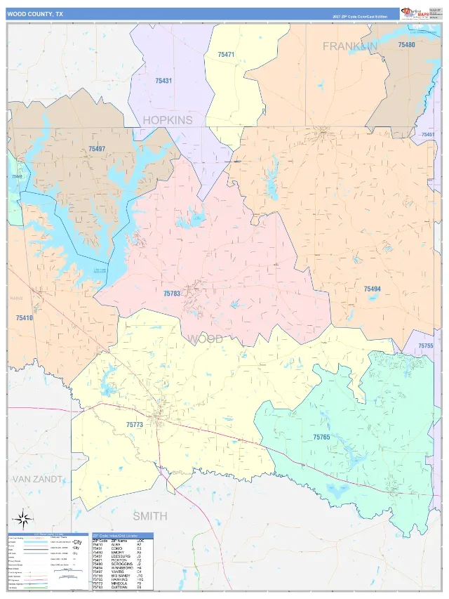 Wood County, TX ZIP Code Wall Map, ColorCast style