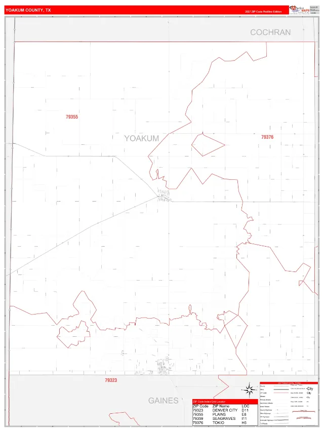 Yoakum County, TX ZIP Code Wall Map, RedLine style