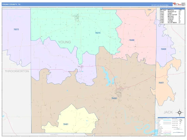 Young County, TX ZIP Code Wall Map, ColorCast style