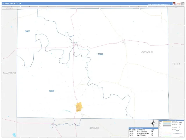Zavala County, TX ZIP Code Wall Map, Business Reference style