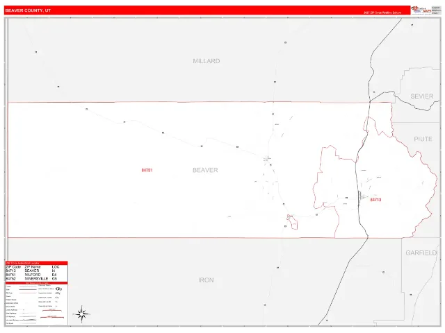 Beaver County, UT ZIP Code Wall Map, RedLine style