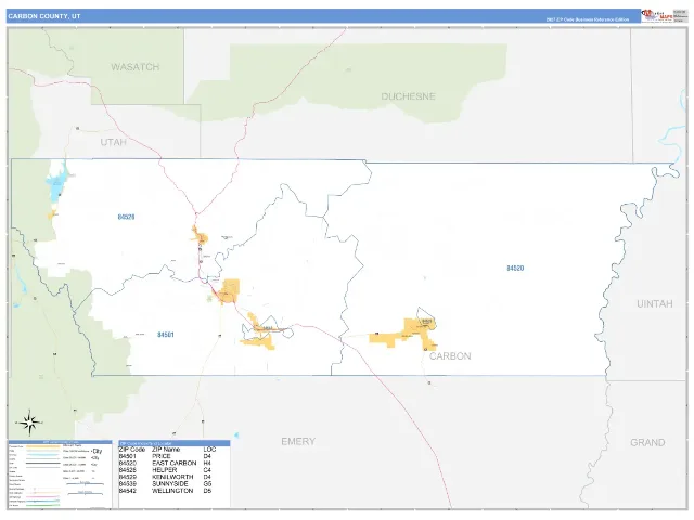 Carbon County, UT ZIP Code Wall Map, Business Reference style