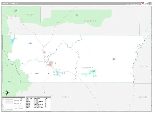 Carbon County, UT ZIP Code Wall Map, Classic style