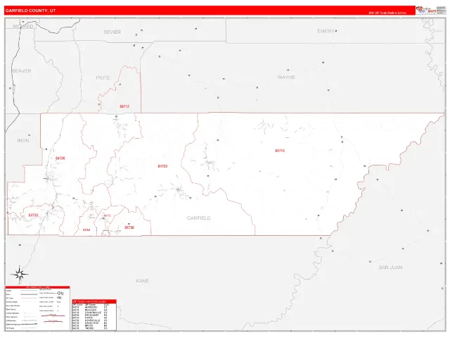 Garfield County, UT ZIP Code Wall Map, RedLine style