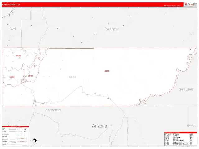 Kane County, UT ZIP Code Wall Map, RedLine style