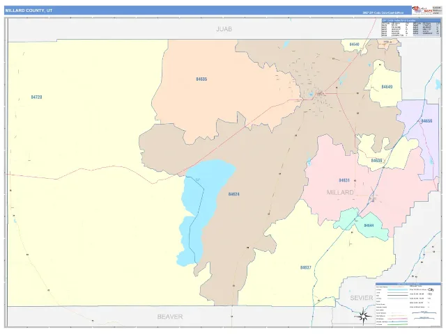 Millard County, UT ZIP Code Wall Map, ColorCast style