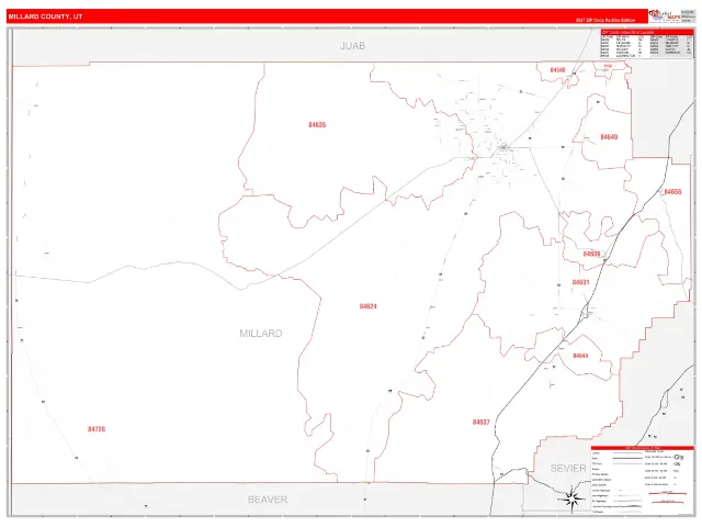 Millard County, UT ZIP Code Wall Map, RedLine style