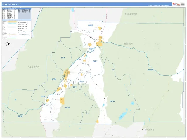Sevier County, UT ZIP Code Wall Map, Business Reference style