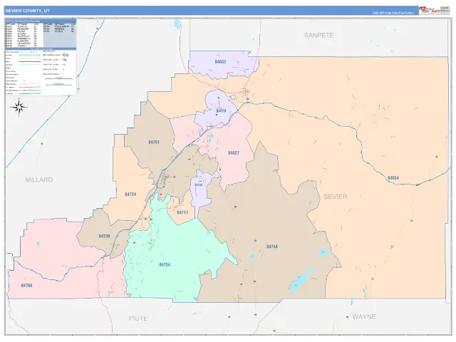 Sevier County, UT ZIP Code Wall Map, ColorCast style
