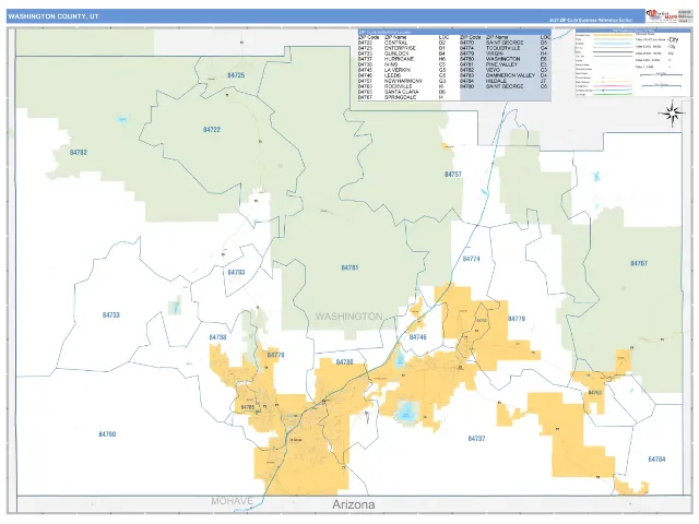 Washington County, UT ZIP Code Wall Map, Business Reference style