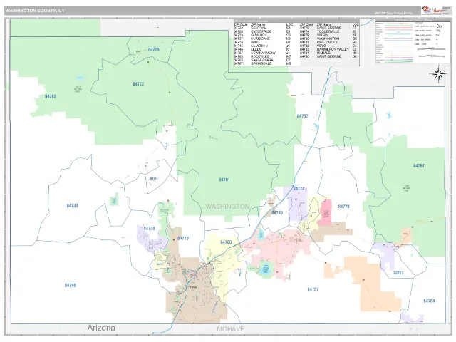 Washington County, UT ZIP Code Wall Map, Classic style