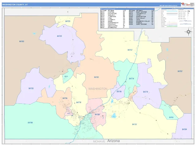Washington County, UT ZIP Code Wall Map, ColorCast style
