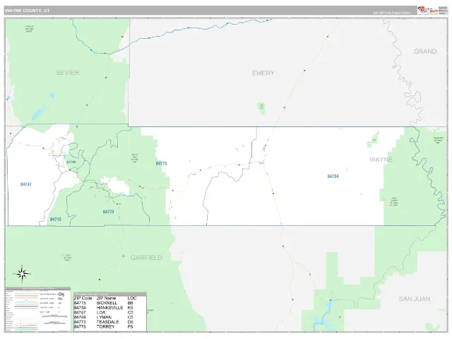 Wayne County, UT ZIP Code Wall Map, Classic style
