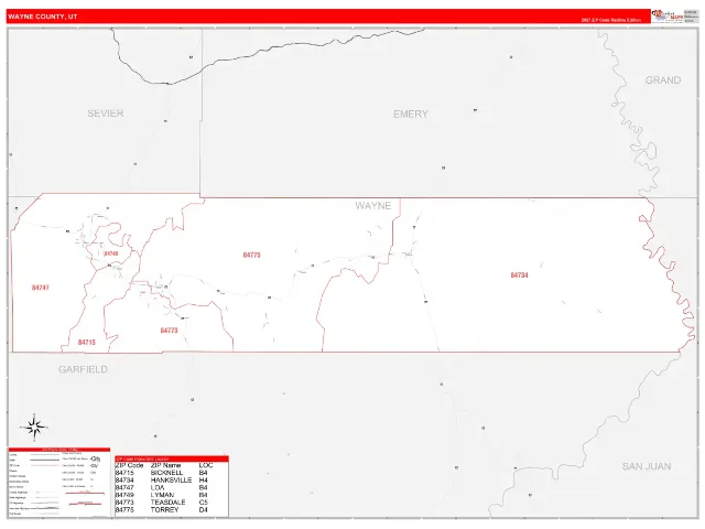 Wayne County, UT ZIP Code Wall Map, RedLine style