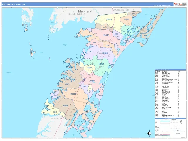 Accomack County, VA ZIP Code Wall Map, ColorCast style
