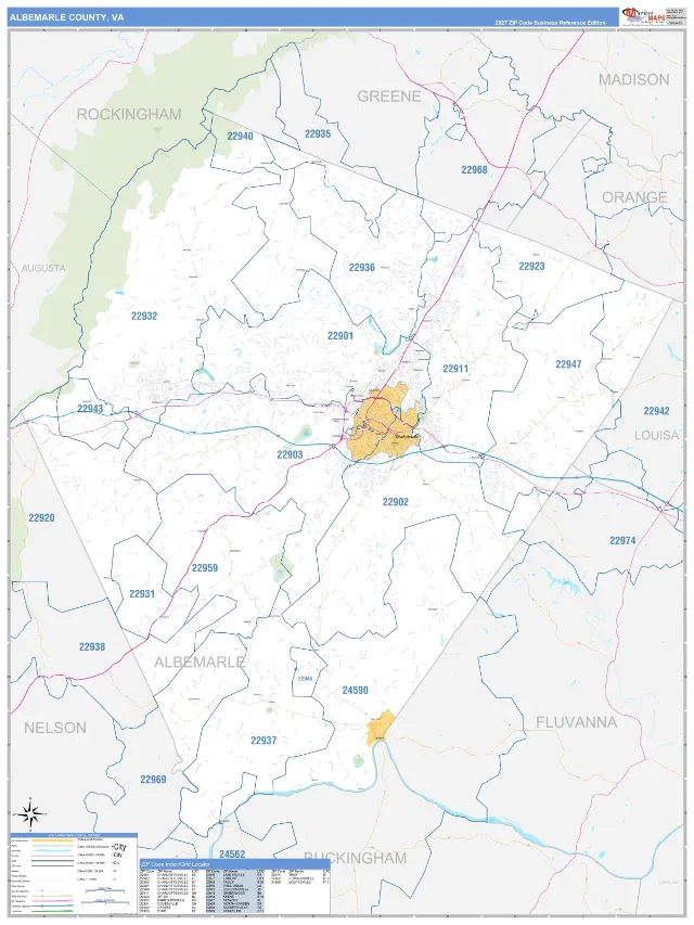 Albemarle County, VA ZIP Code Wall Map, Business Reference style