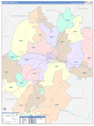 Albemarle County, VA ColorCast style ZIP Code wall map