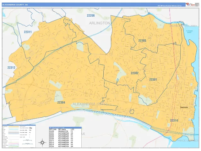 Alexandria County, VA ZIP Code Wall Map, Business Reference style