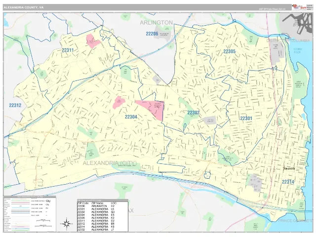 Alexandria County, VA ZIP Code Wall Map, Classic style