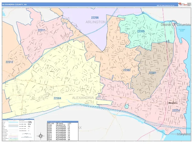 Alexandria County, VA ZIP Code Wall Map, ColorCast style