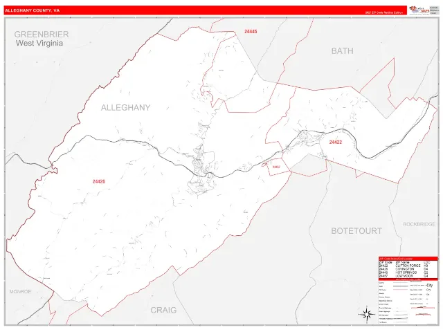 Alleghany County, VA ZIP Code Wall Map, RedLine style