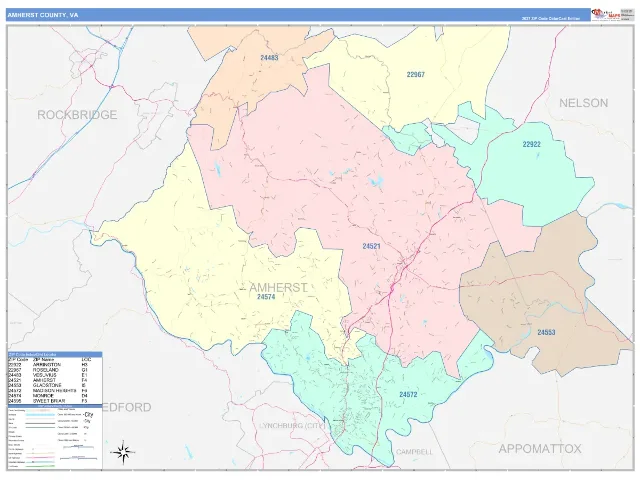 Amherst County, VA ZIP Code Wall Map, ColorCast style