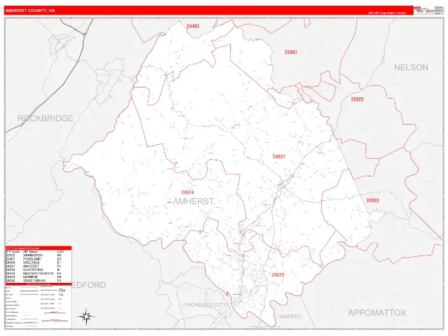 Amherst County, VA ZIP Code Wall Map, RedLine style