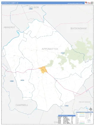 Appomattox County, VA Business Reference style ZIP Code wall map