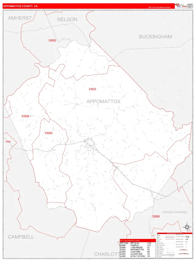 Appomattox County, VA ZIP Code Wall Map, RedLine style