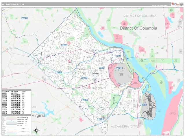 Arlington County, VA ZIP Code Wall Map, Classic style
