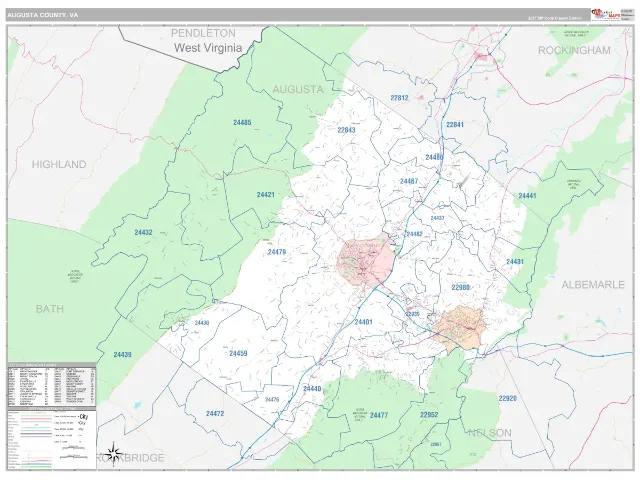 Augusta County, VA ZIP Code Wall Map, Classic style