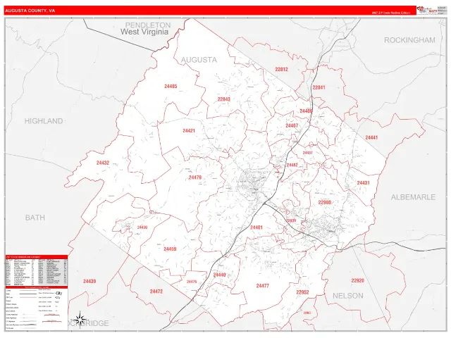 Augusta County, VA ZIP Code Wall Map, RedLine style