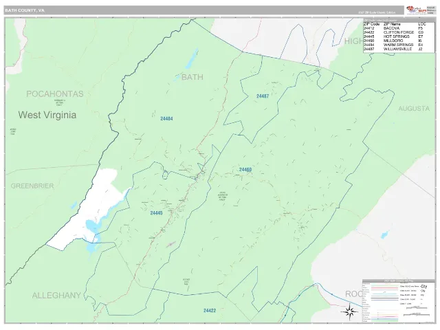 Bath County, VA ZIP Code Wall Map, Classic style