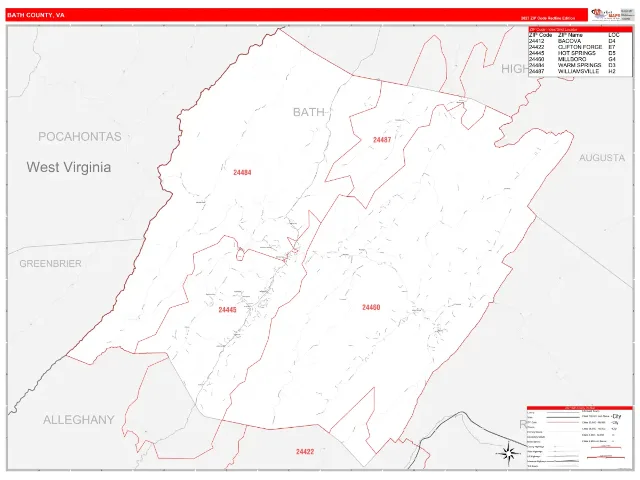 Bath County, VA ZIP Code Wall Map, RedLine style