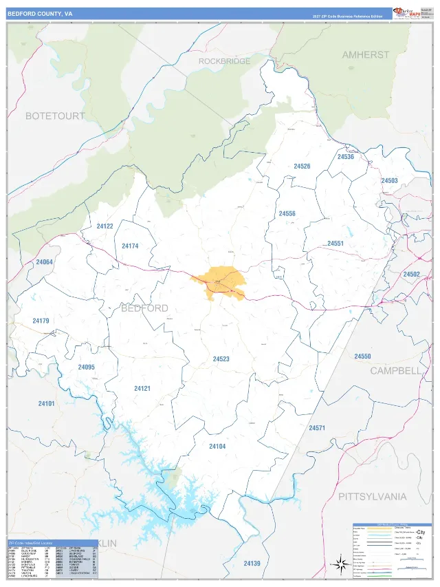Bedford County, VA ZIP Code Wall Map, Business Reference style